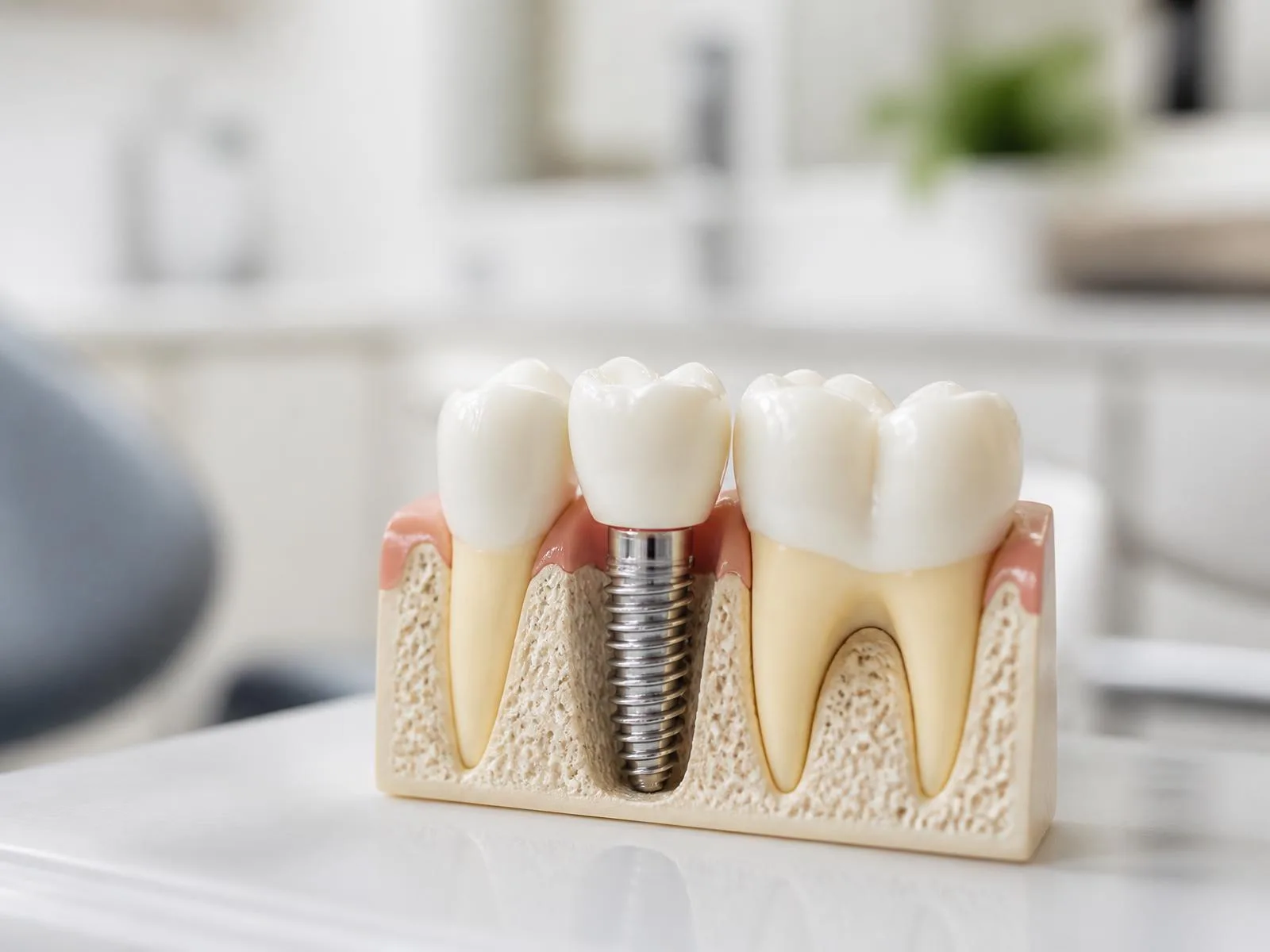 Modelo didático de implante dentário com coroa cerâmica em clínica odontológica