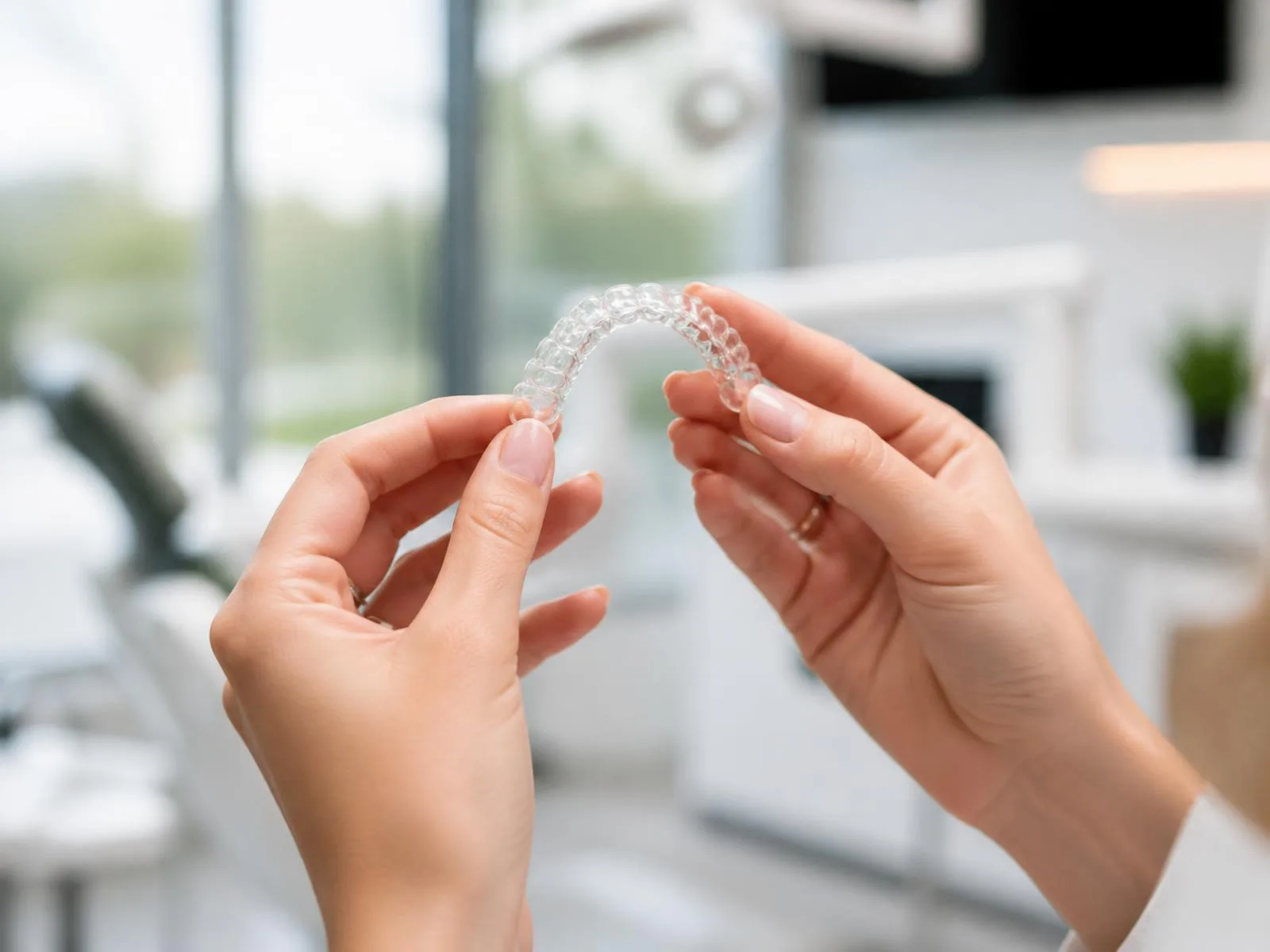 Alinhador transparente segurado ao lado de um modelo de arcada dentária